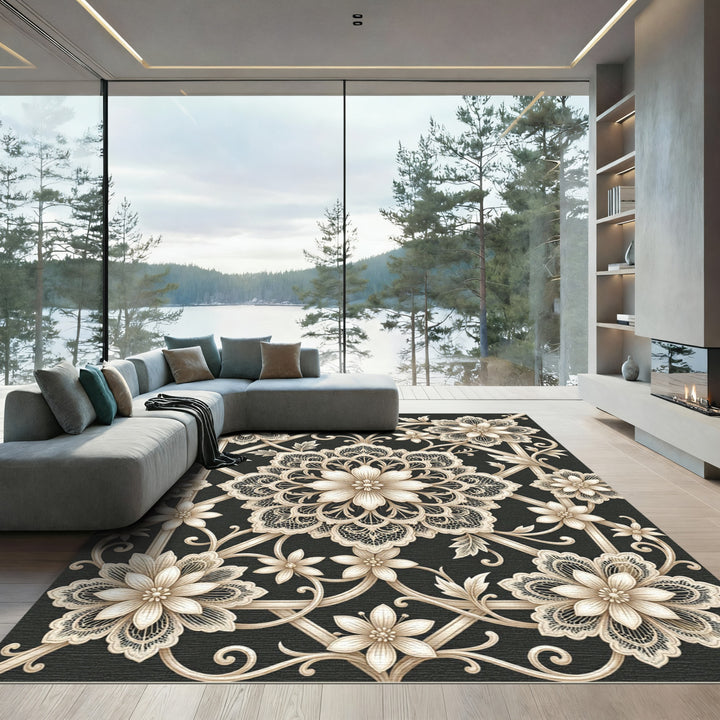 Elegant Beige Lace Floral Medallion Rug