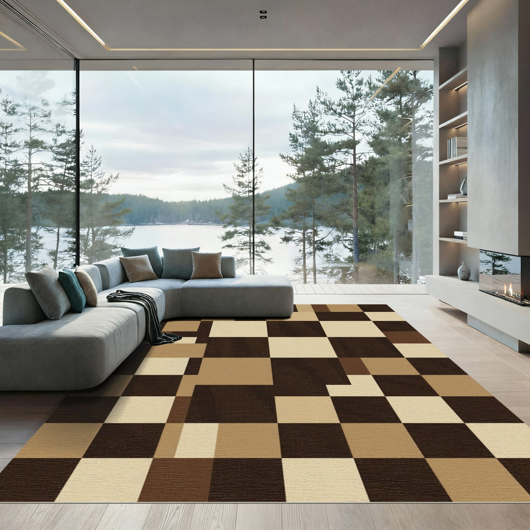 Geometric Wood Grain Checks Rug