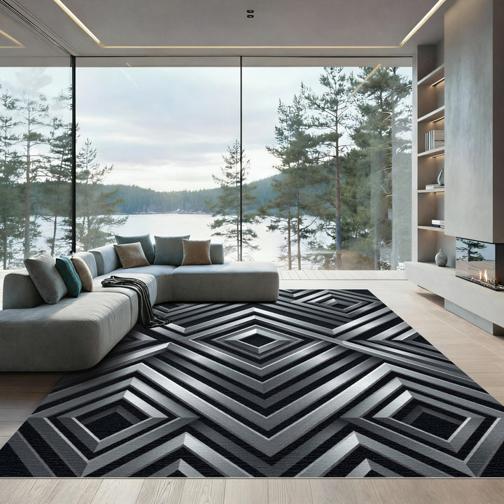 Silver Geometric Cube Overlap Rug
