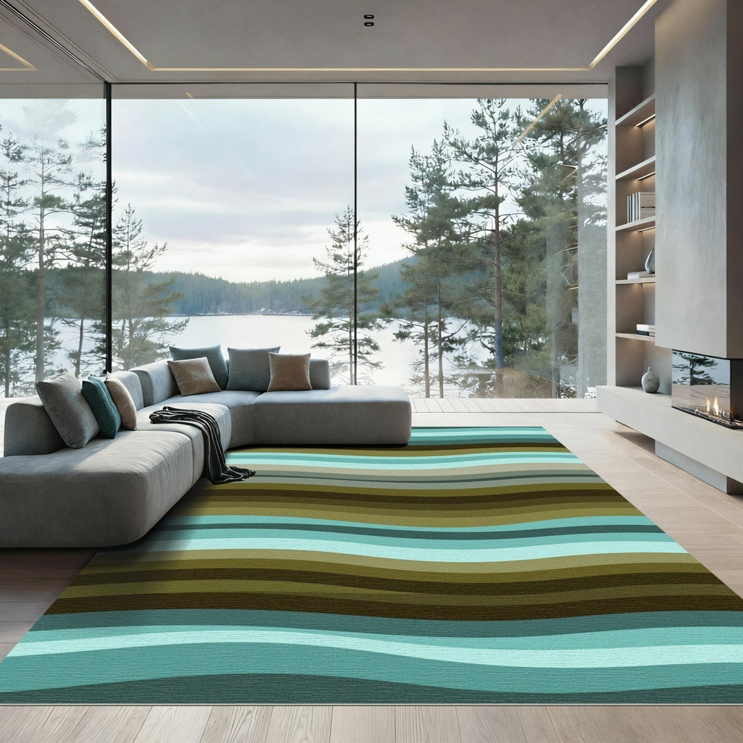 Aqua And Olive Wavy Bands Rug