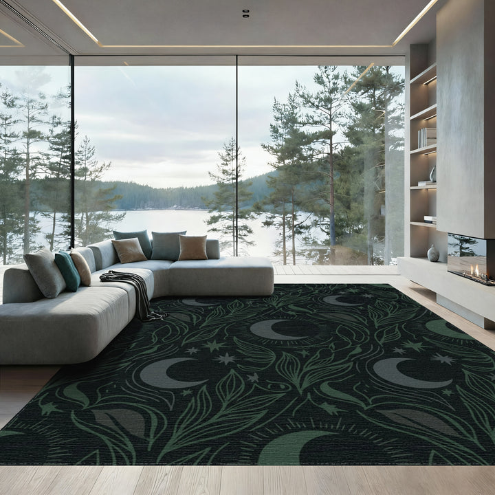 Dark Emerald Celestial Moon Foliage Rug