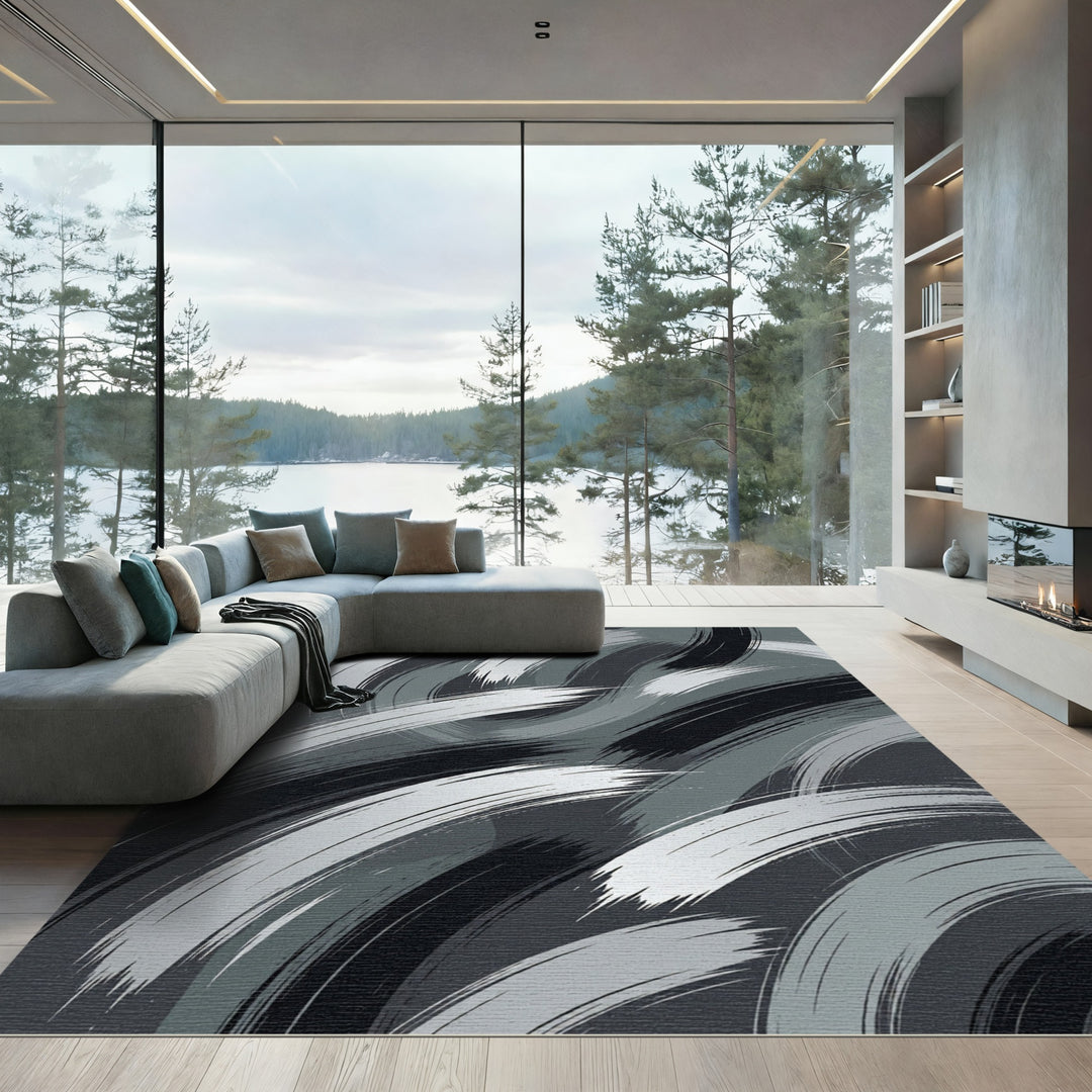 Monochromatic Brush Stroke Swirl Rug