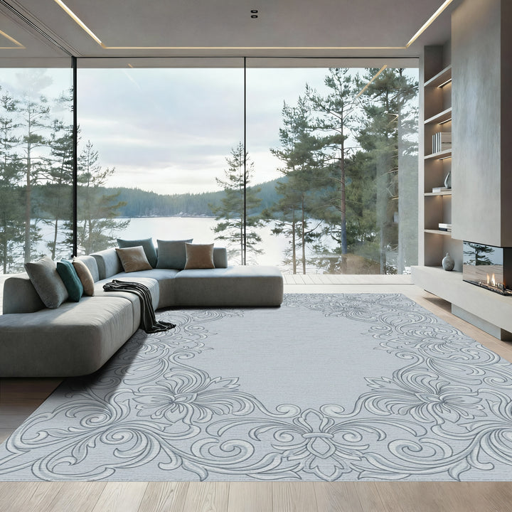 Classic Gray Floral Scrollwork Accent Rug