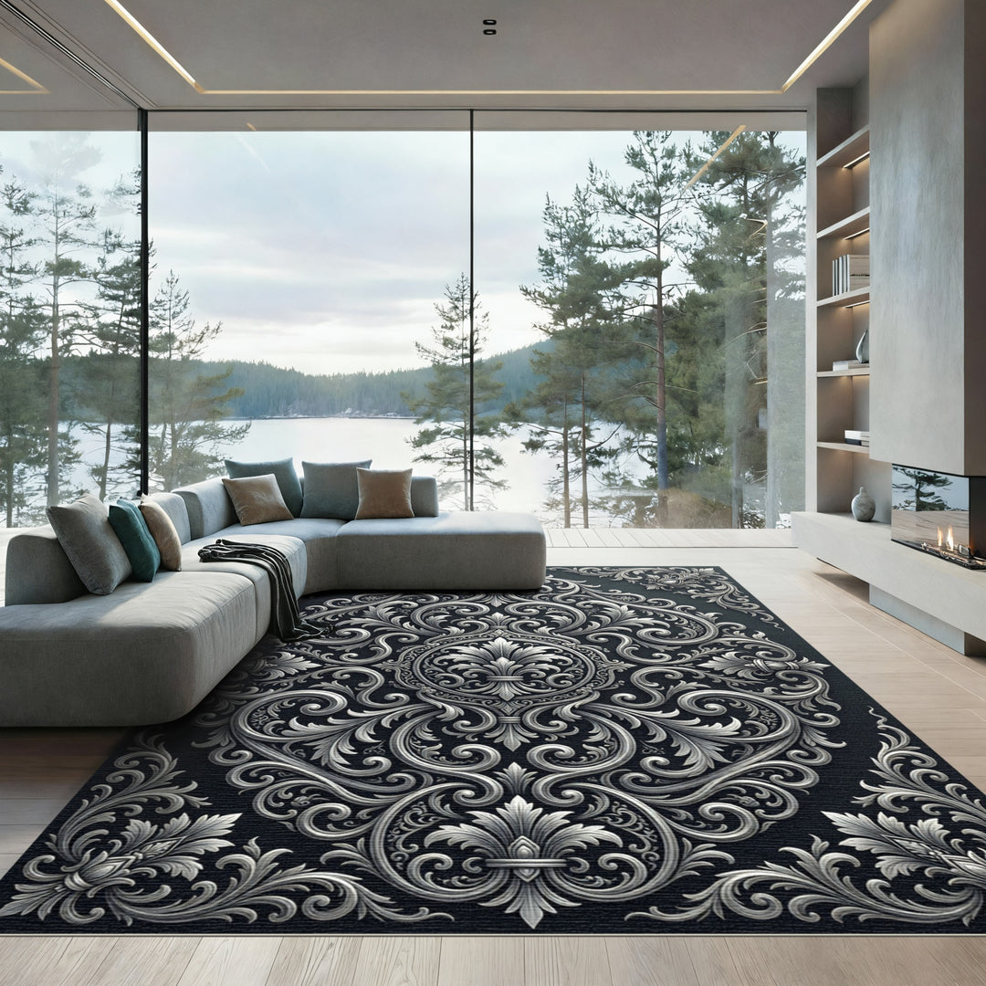 Ornate Silver Floral Scroll Rug