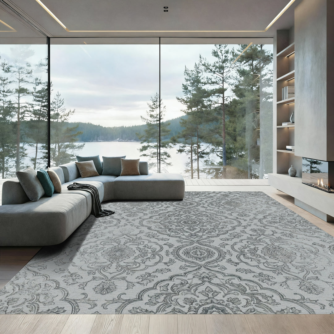 Classic Gray Filigree Damask Rug