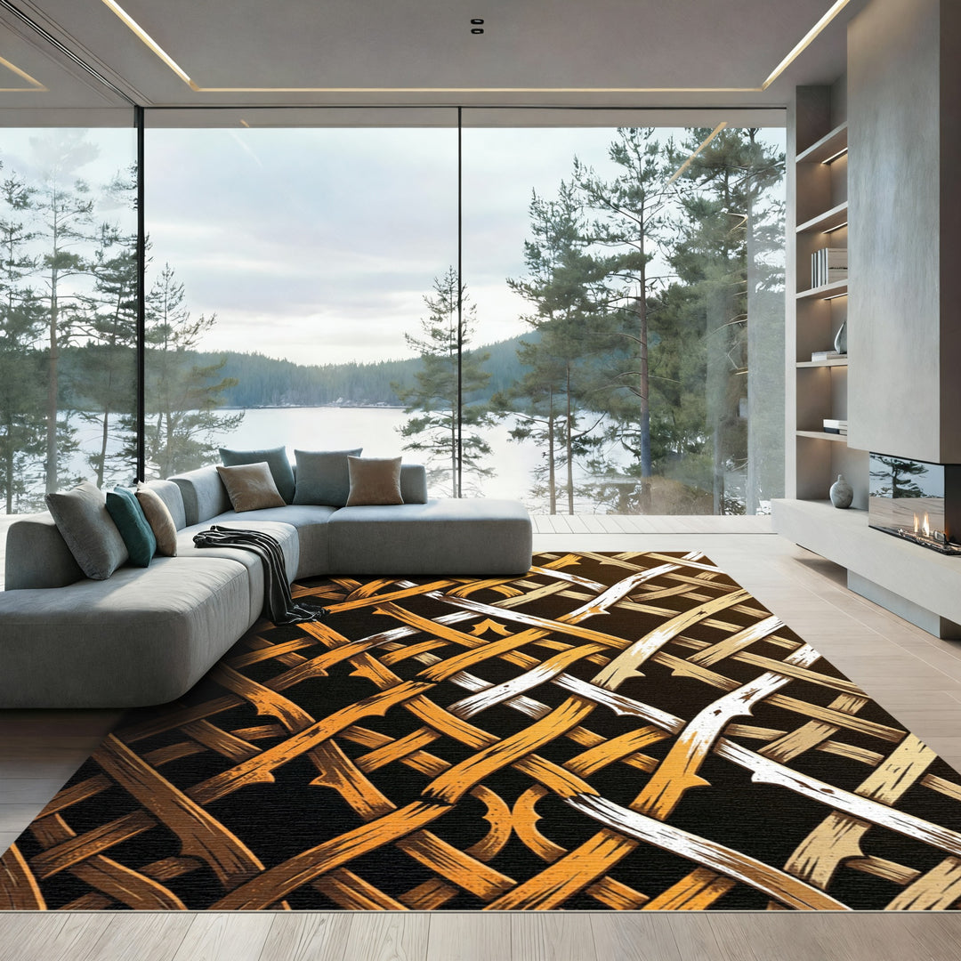 Rustic Interwoven Wood Lattice Rug