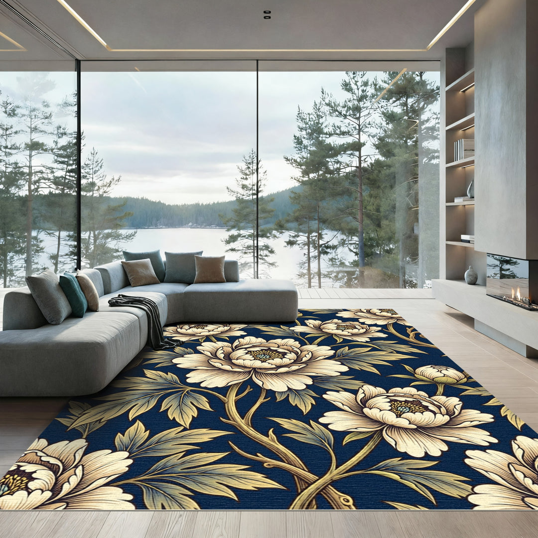 Vintage Cream Peony Floral Navy Rug
