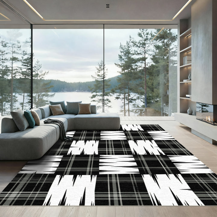 Black White Plaid Patchwork Contemporary Rug