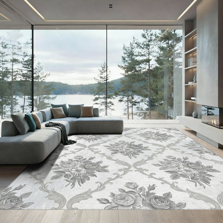 Ornate Gray Floral Damask Rug