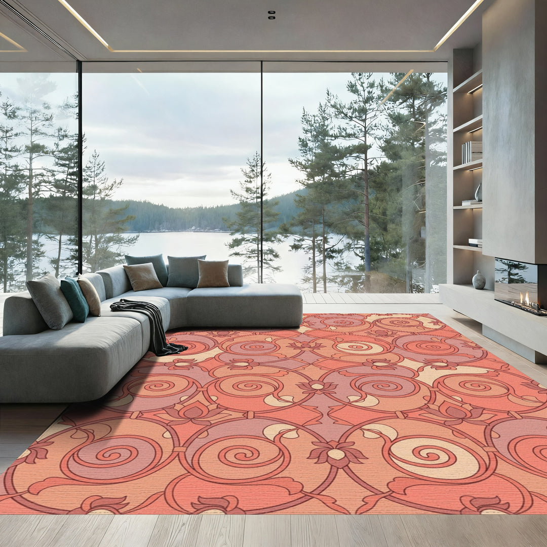 Coral and Peach Floral Scrollwork Rug