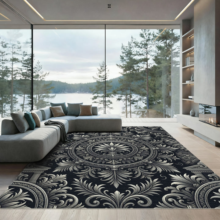 Ornate Black and White Scrollwork Rug