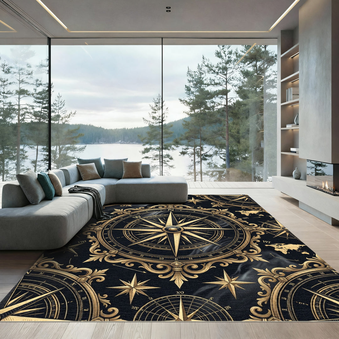 Antique Golden Nautical Compass Rug