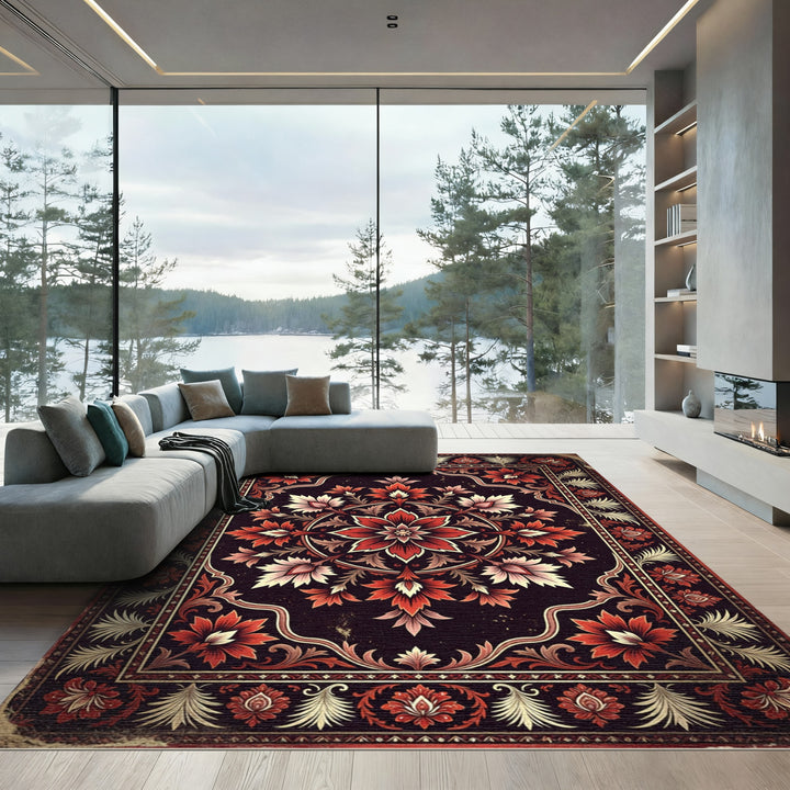 Elaborate Red Golden Floral Rug