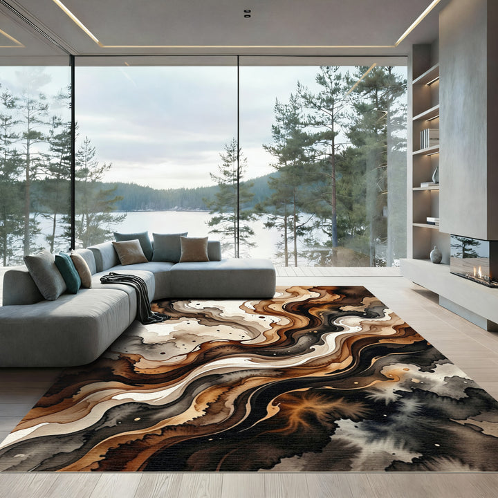 Rich Sepia Abstract Flow Rug