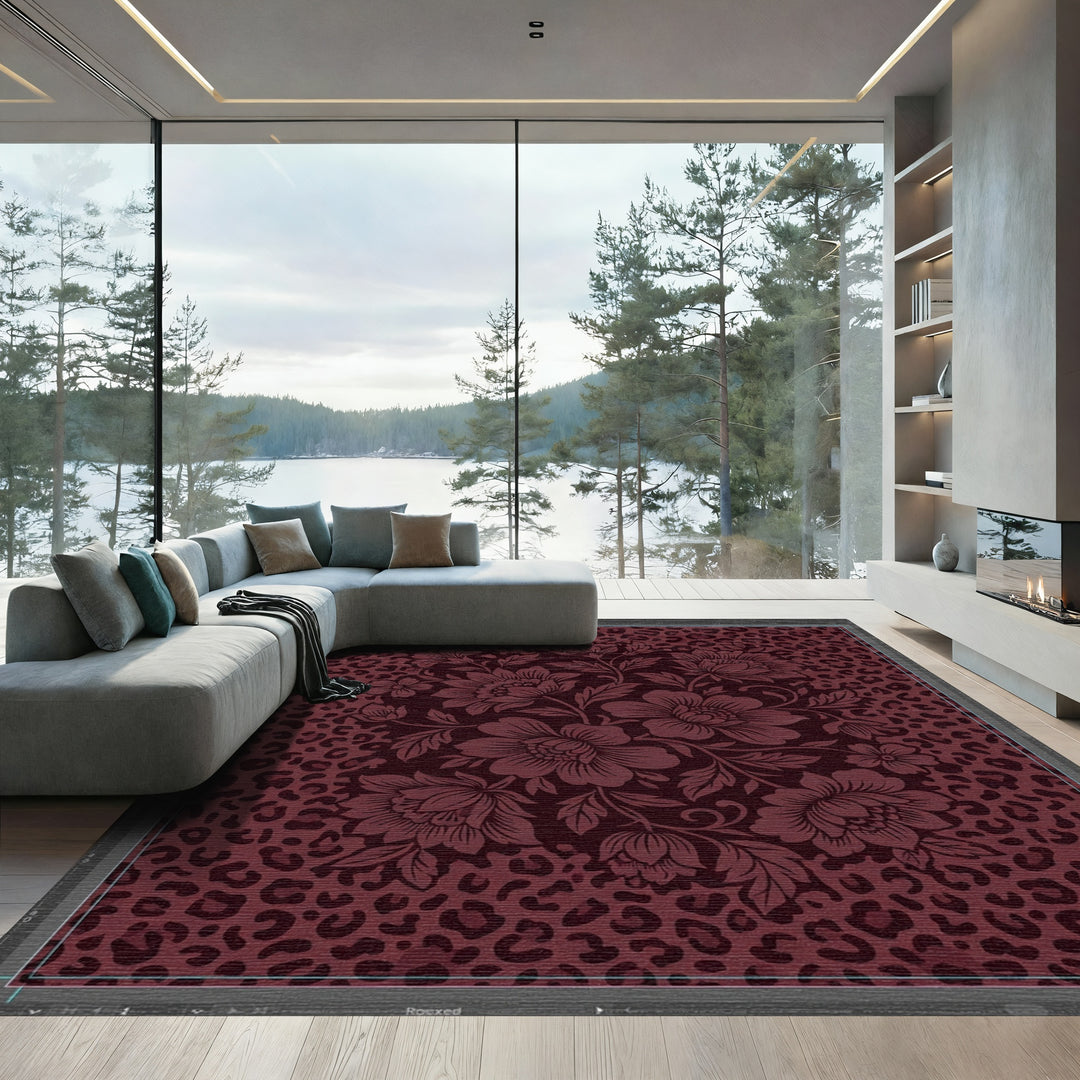 Deep Burgundy Floral Leopard Rug