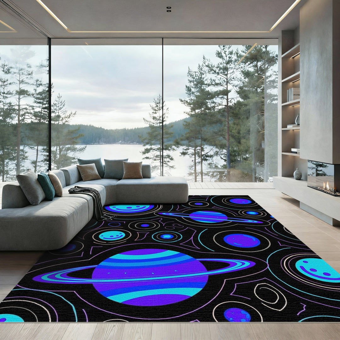 Cosmic Blue Purple Planet Rings Rug