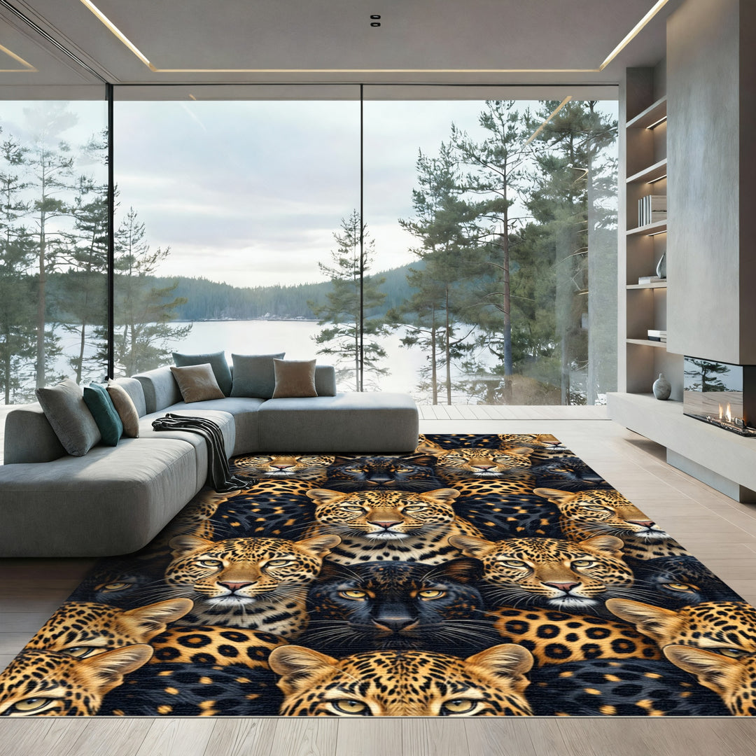 Golden Black Panther Leopard Collage Rug