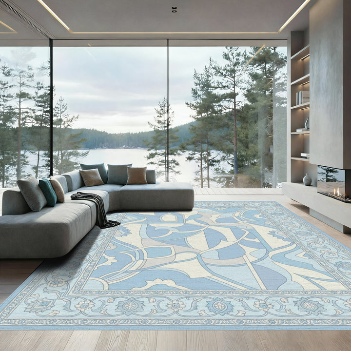 Soft Blue Floral Arc Detailed Rug