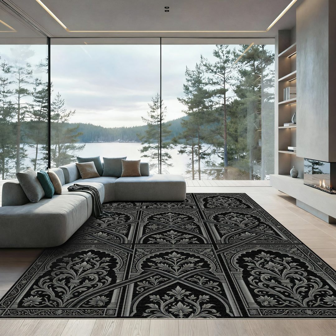 Ornate Black Gray Arched Floral Mandala Rug