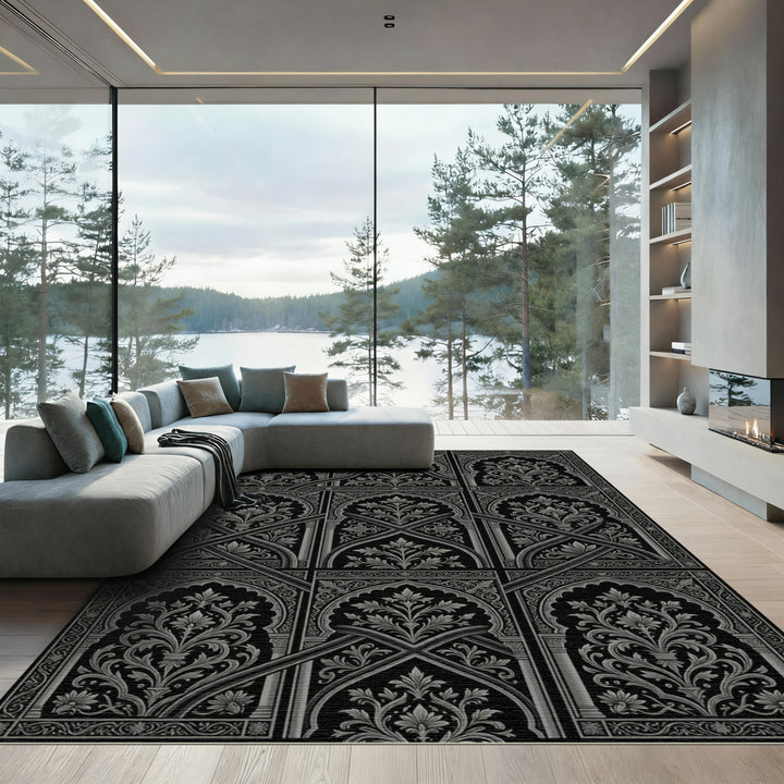 Ornate Black Gray Arched Floral Mandala Rug