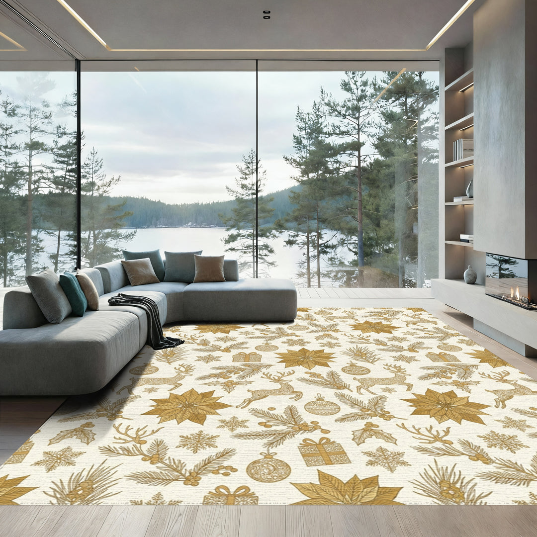Golden Holiday Reindeer Poinsettia Ornaments Rug