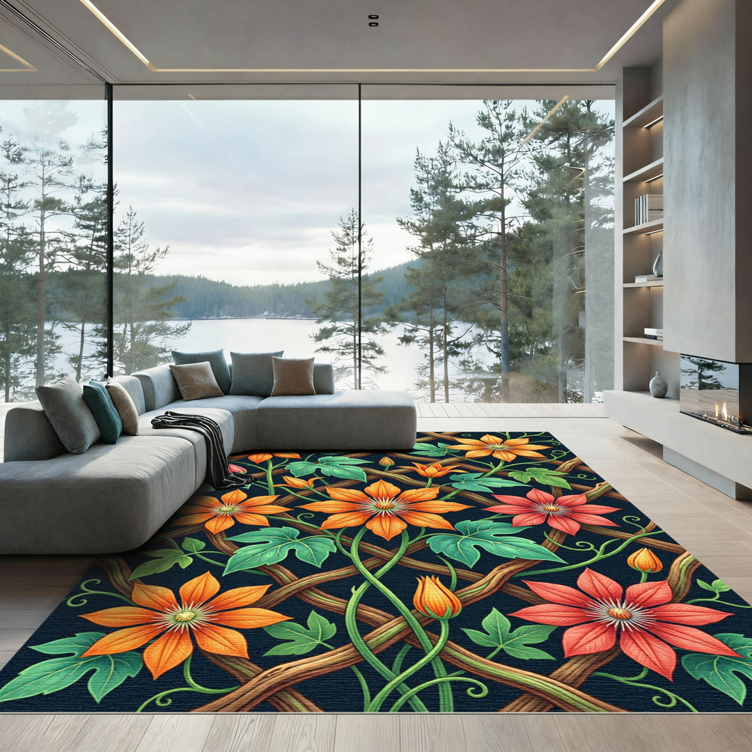 Vivid Orange Coral Floral Trellis Rug