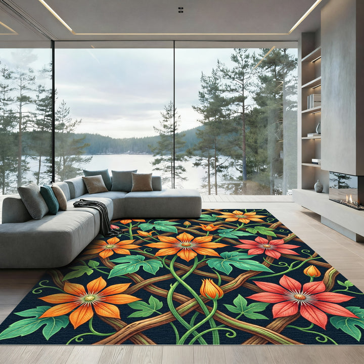 Vivid Orange Coral Floral Trellis Rug