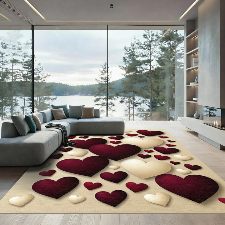 Rich Burgundy Cream Heart Arrangement Rug