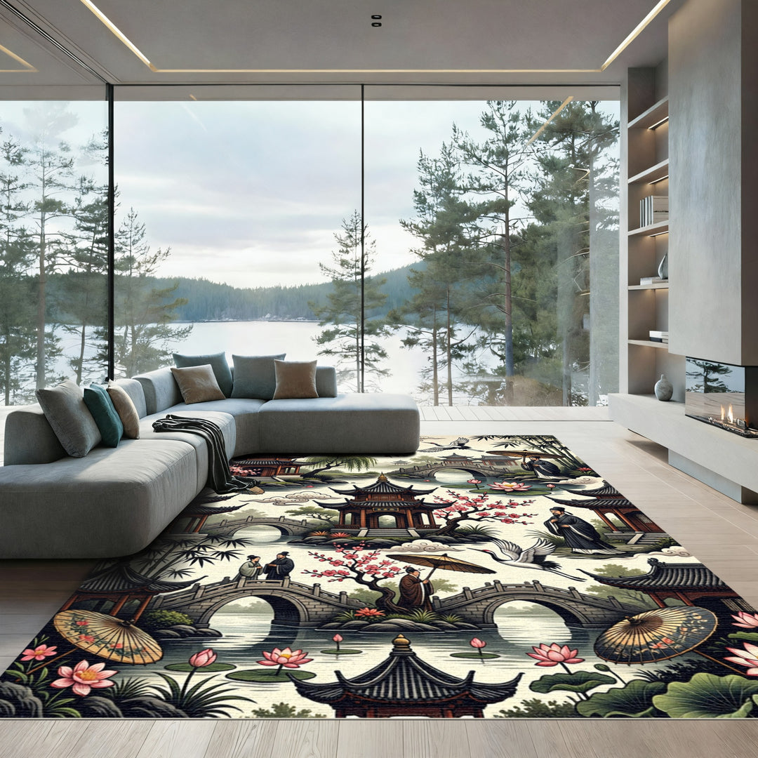 Serene Pagoda Garden Crane Blossom Rug