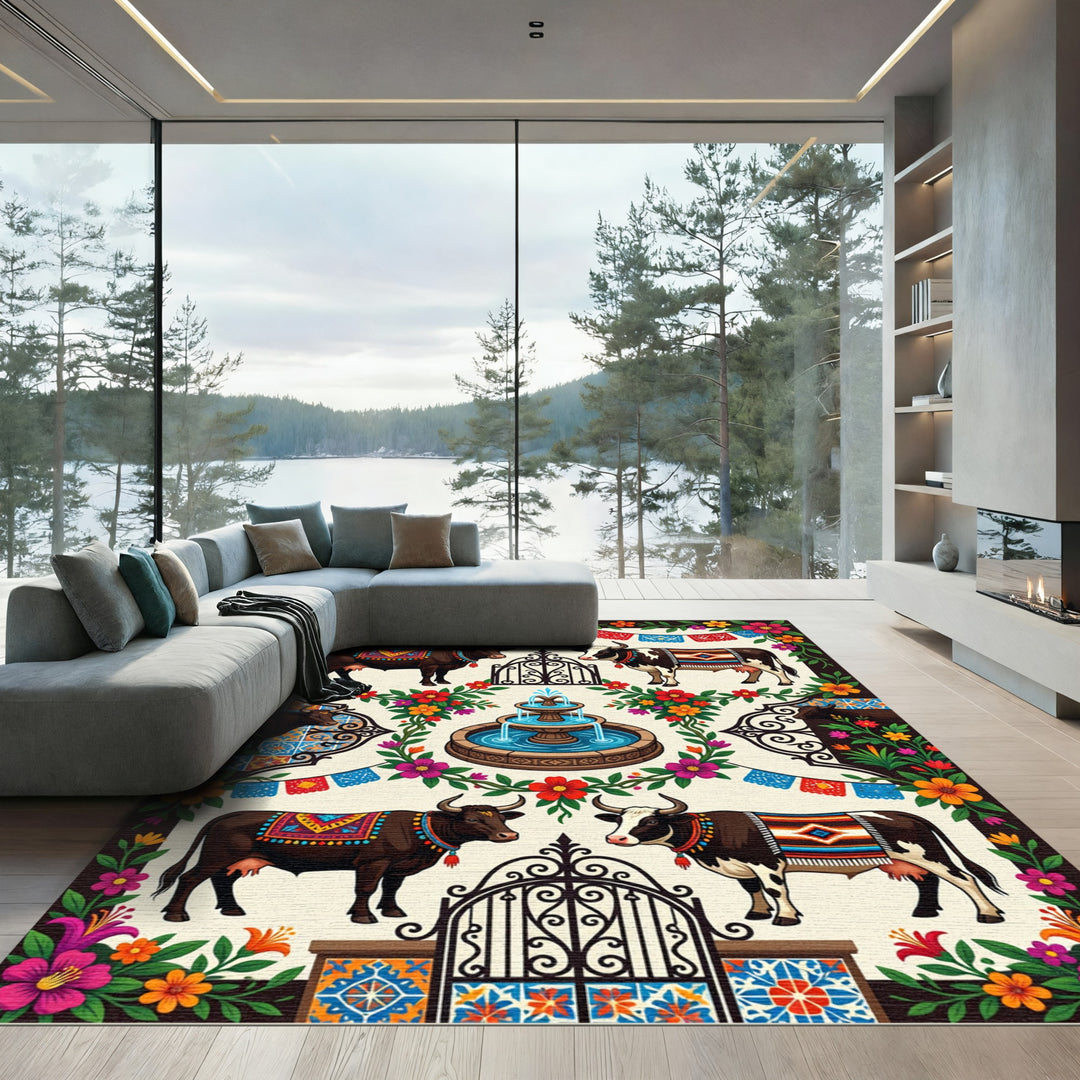 Colorful Fiesta Cows Fountain Rug