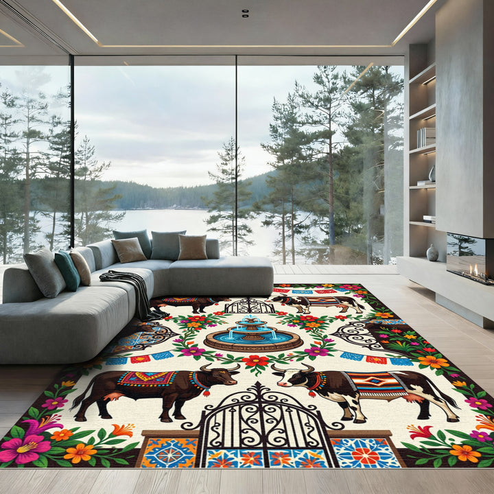 Colorful Fiesta Cows Fountain Rug