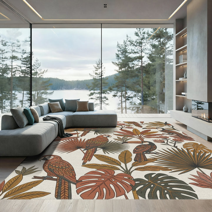 Retro Tropical Parrot Toucan Foliage Rug