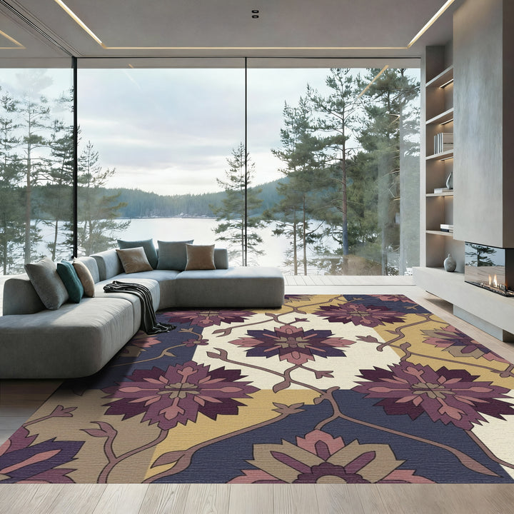 Plum And Gold Floral Tiles Rug