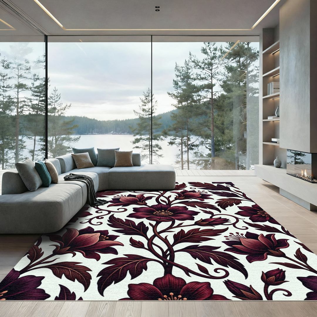 Deep Burgundy Floral Swirl Arrangement Rug