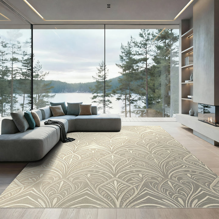 Elegant Ivory Art Deco Fan Rug