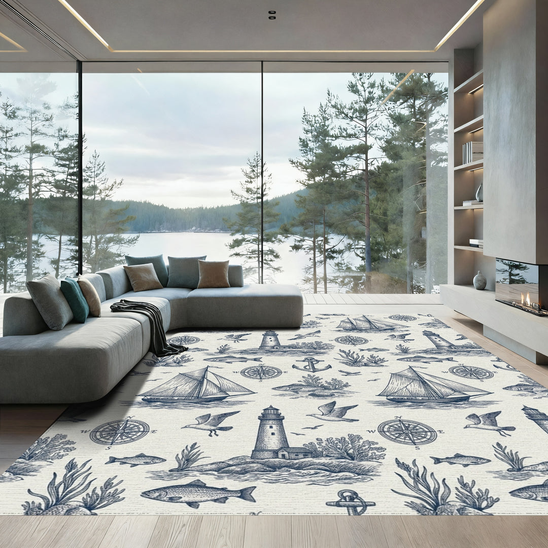Blue Sailboat Lighthouse Nautical Scene Rug