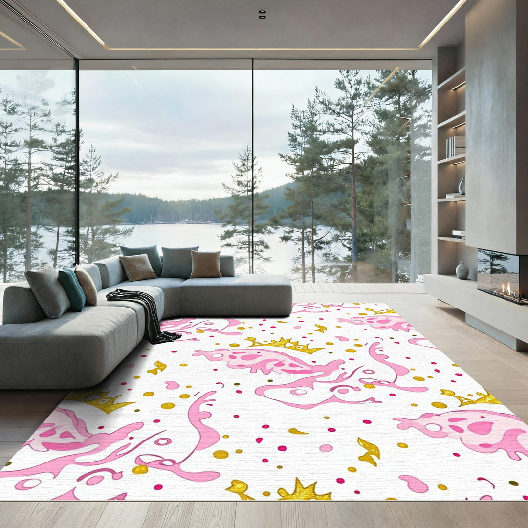 Whimsical Pink Crowns Confetti Splash Rug