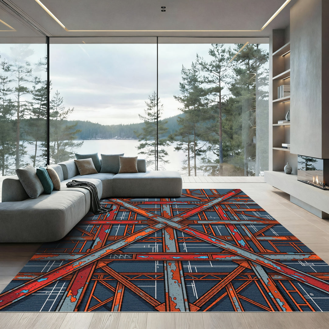 Industrial Red Metal Blueprint Collage Rug