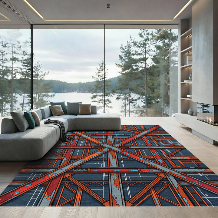 Industrial Red Metal Blueprint Collage Rug