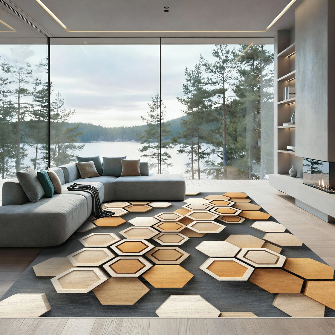 Beige Honeycomb Geometric Mosaic Rug