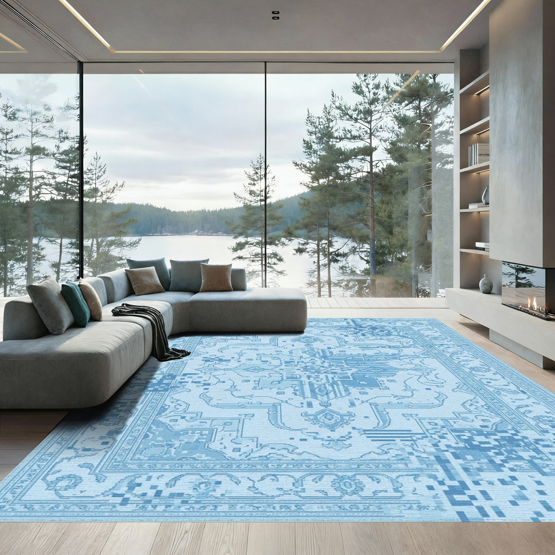 Sky Blue Glitch Medallion Rug