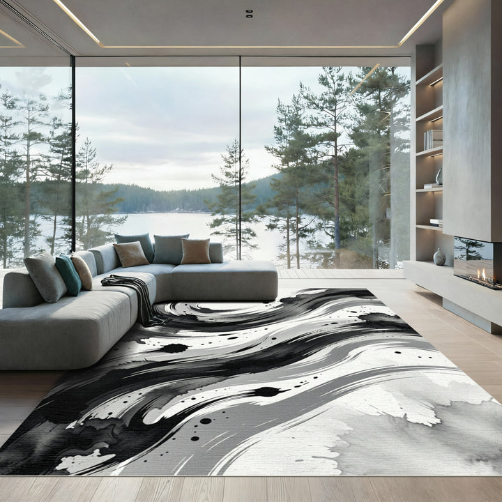 Bold Black Ink Wash Swirl Rug