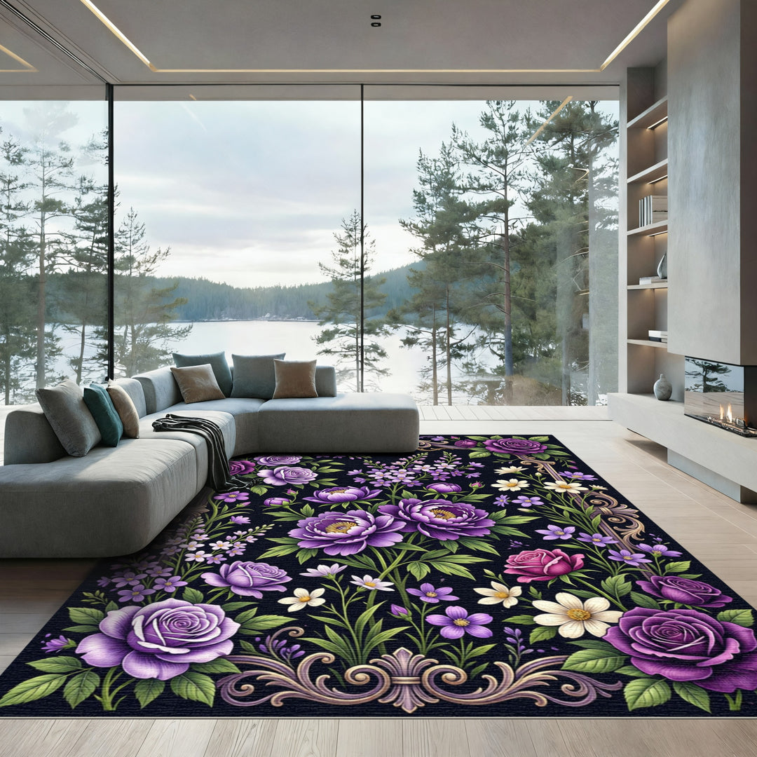 Ornate Purple Floral Scroll Garden Rug