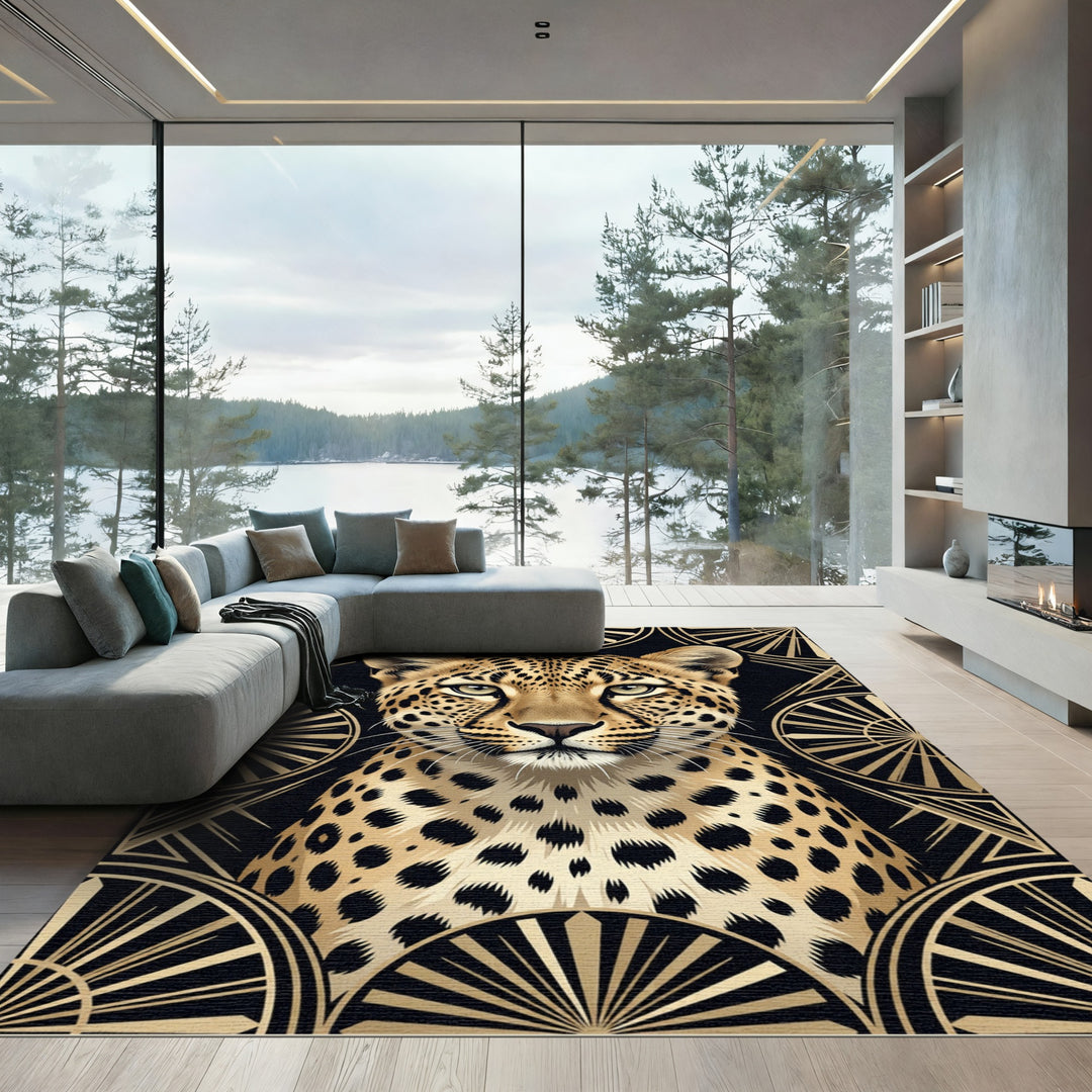 Golden Leopard Art Deco Sunburst Rug