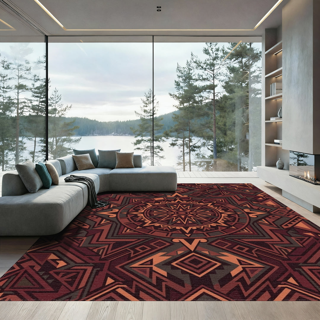 Crimson Earth Geometric Medallion Rug