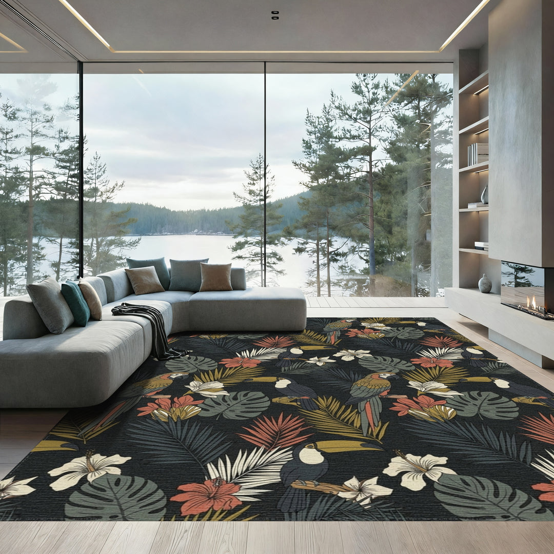 Exotic Macaws Toucans Tropical Foliage Rug
