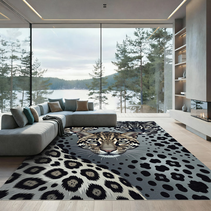Gray Jaguar Faces Leopard Spots Rug