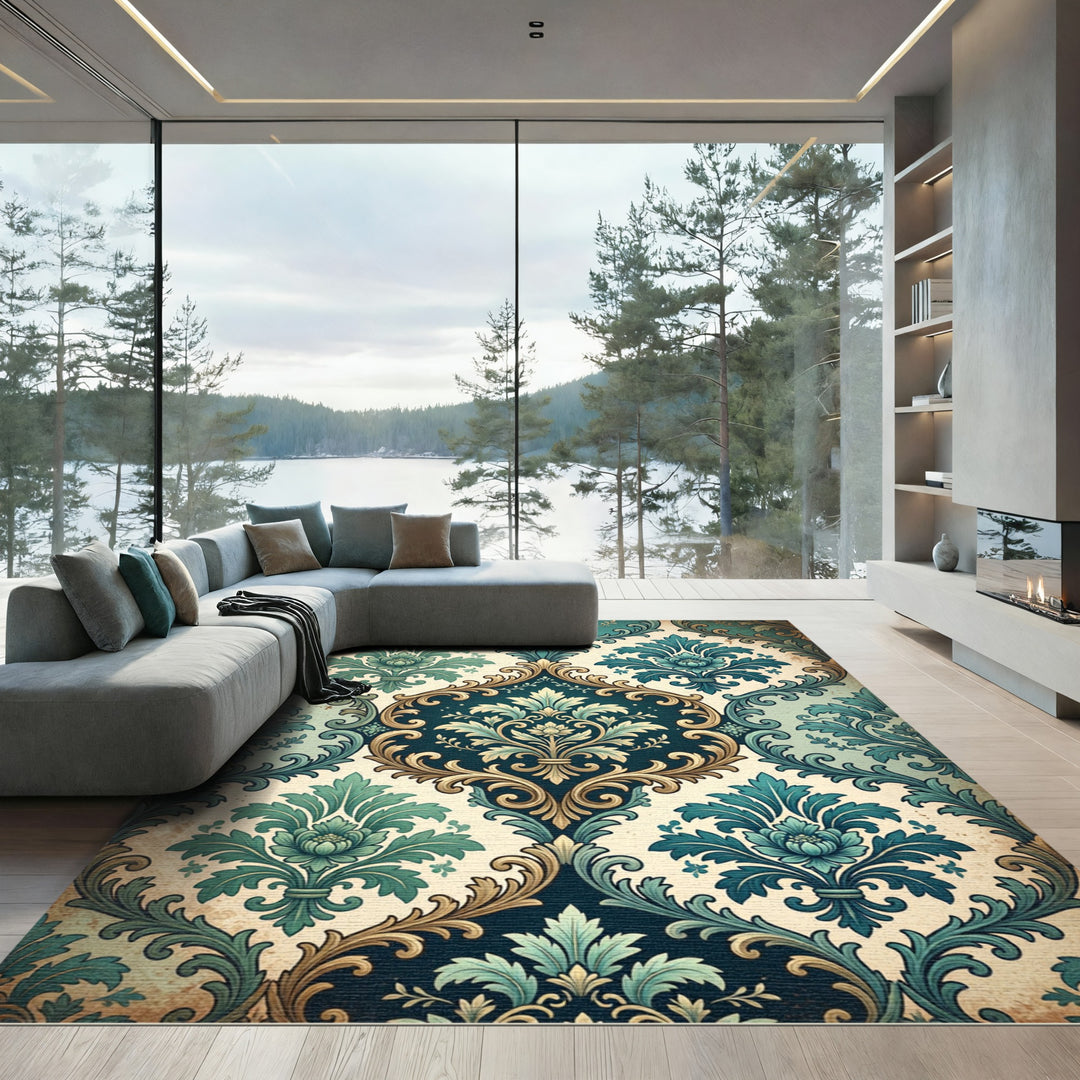 Deep Teal Damask Floral Medallion Rug