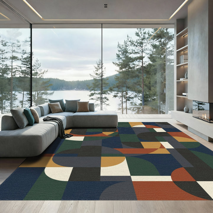 Mid Century Circles Squares Ochre Navy Rug