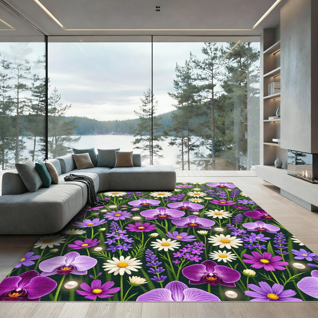 Vibrant Purple Orchid Daisy Garden Meadow Rug